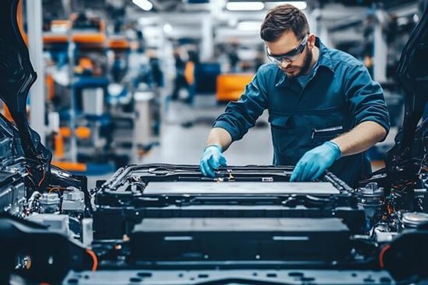 Technician performing electric vehicle battery repair inside a workshop, inspecting a high-voltage EV battery pack while wearing protective gloves and safety glasses.