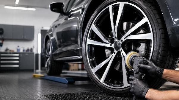 Technician carrying out diamond wheel refurbishment on a black alloy wheel.