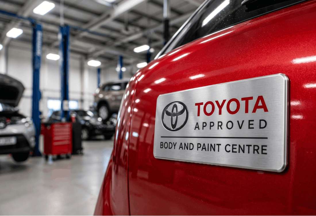Toyota Approved Body and Paint Centre plaque on a red car in a repair workshop